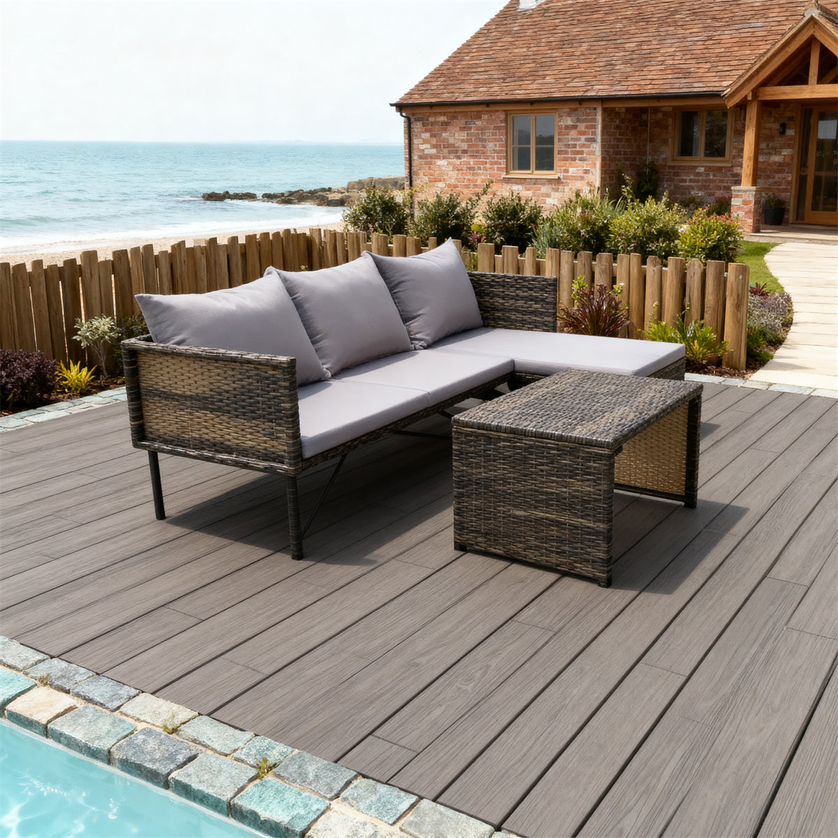 Mixed Brown Wicker L - Shaped Outdoor Sectional Set with Light Grey Cushions & Wicker Coffee Table – Stylish Patio Furniture