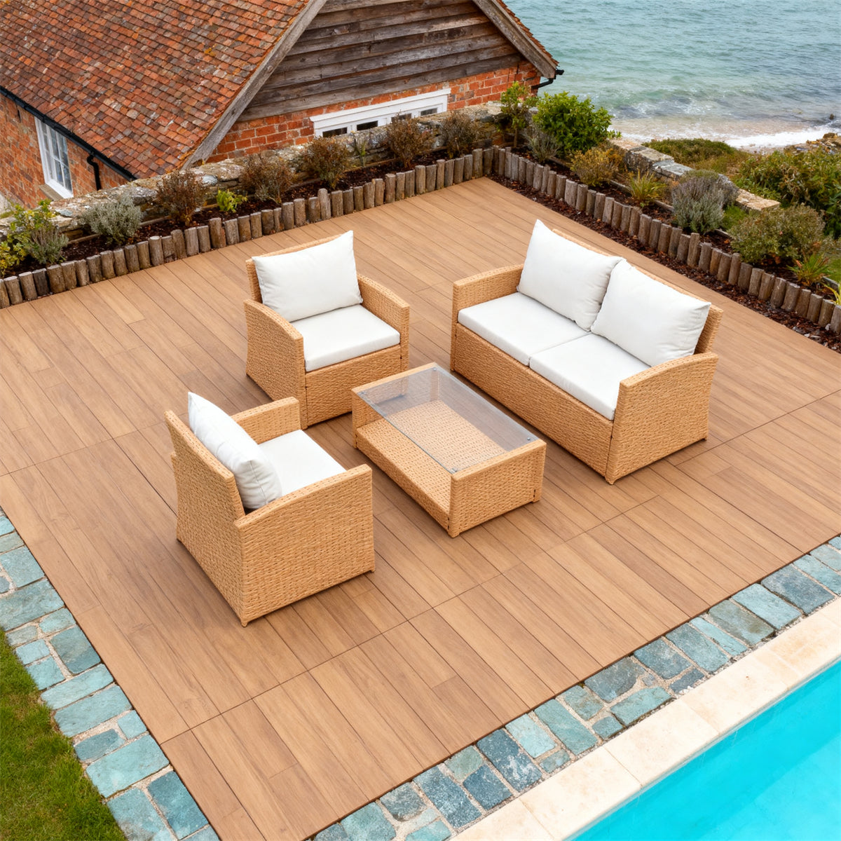 Light Brown Wicker Outdoor Lounge Set with Beige Cushions & Glass Coffee Table – Stylish Patio Furniture