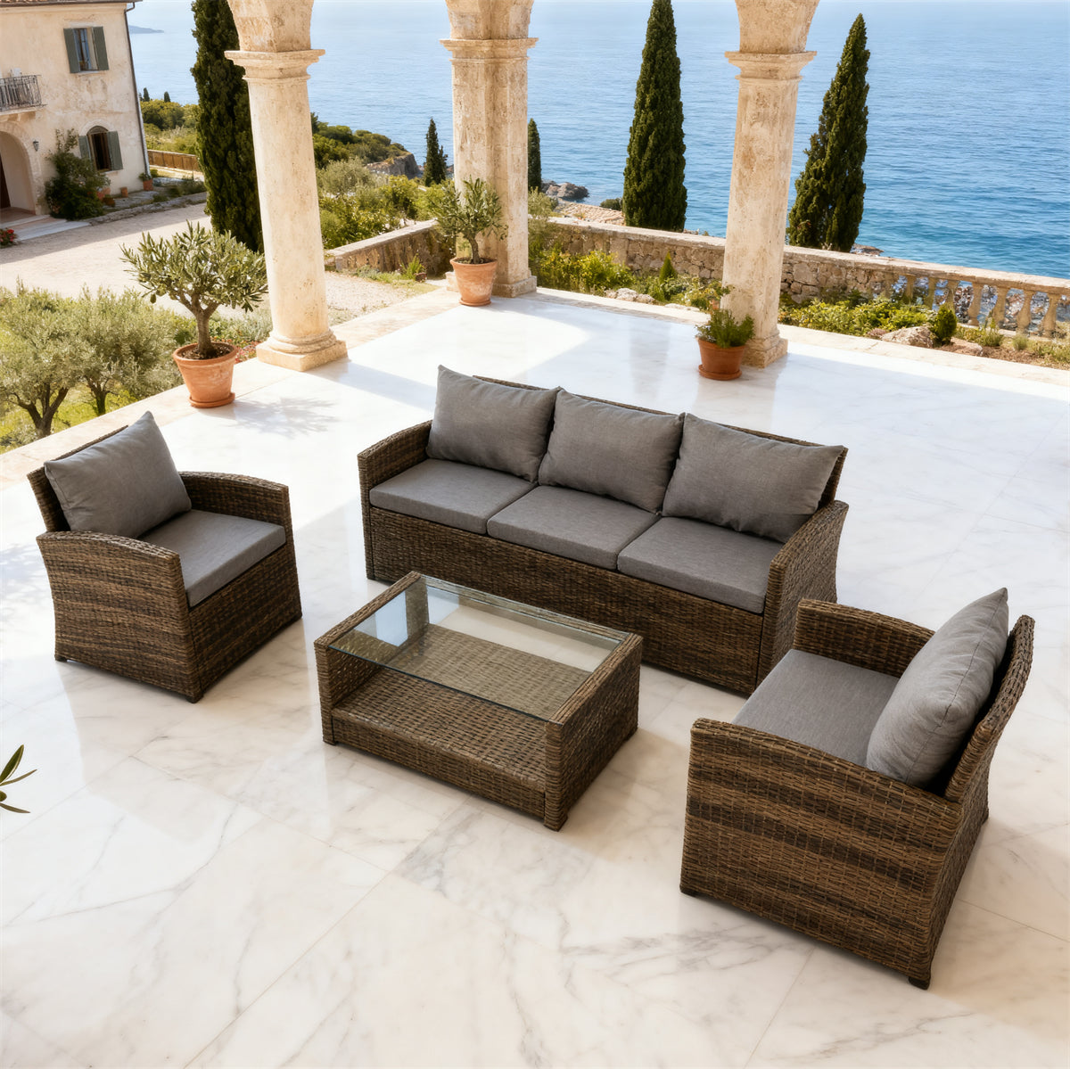 Dark Brown Wicker Outdoor Lounge Set with Dark Grey Cushions & Glass Coffee Table – Stylish Patio Furniture