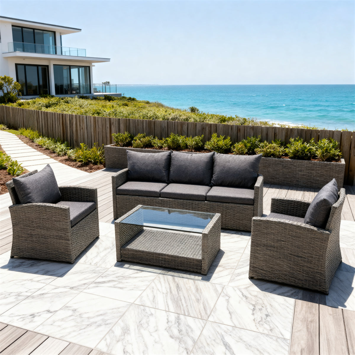 Mixed Grey Wicker Outdoor Lounge Set with Dark Grey Cushions & Glass Coffee Table – Stylish Patio Furniture