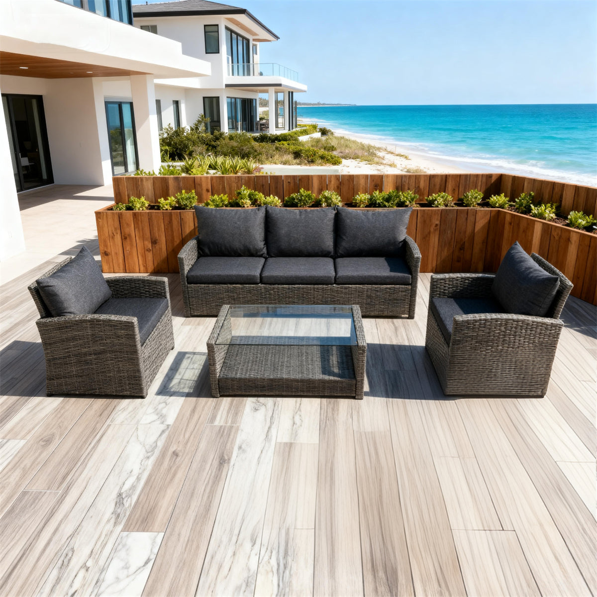 Mixed Grey Wicker Outdoor Lounge Set with Dark Grey Cushions & Glass Coffee Table – Stylish Patio Furniture