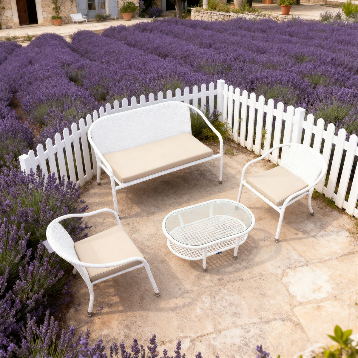 White Wicker Outdoor Lounge Set with Beige Cushions & Glass Coffee Table – Stylish Patio Furniture