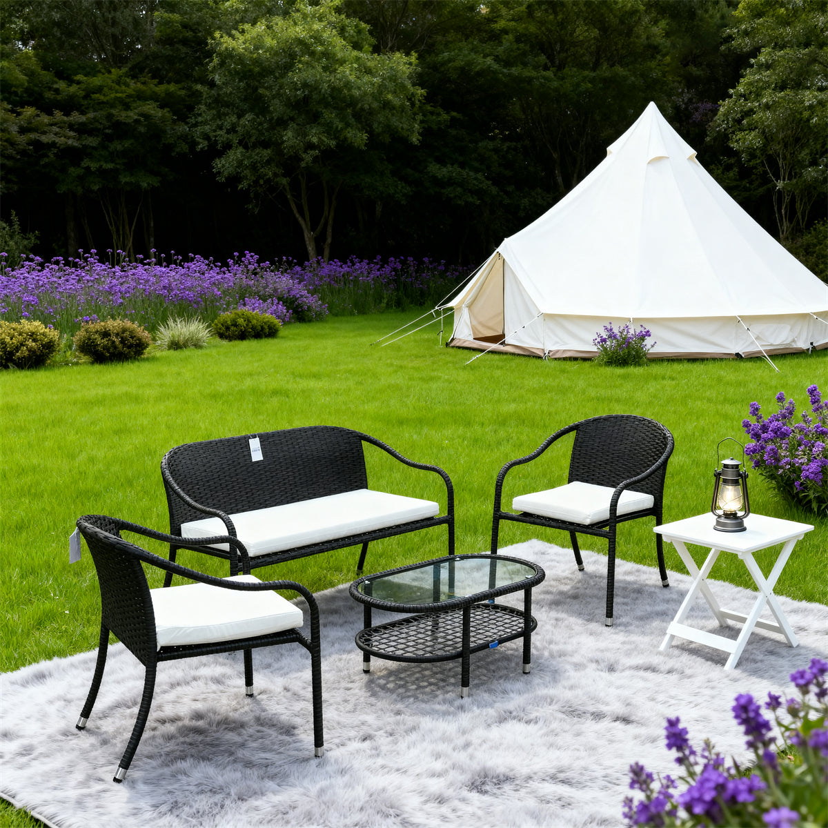 Dark Grey Wicker Outdoor Lounge Set with White & Blue Striped Cushions & Glass Coffee Table – Stylish Patio Furniture