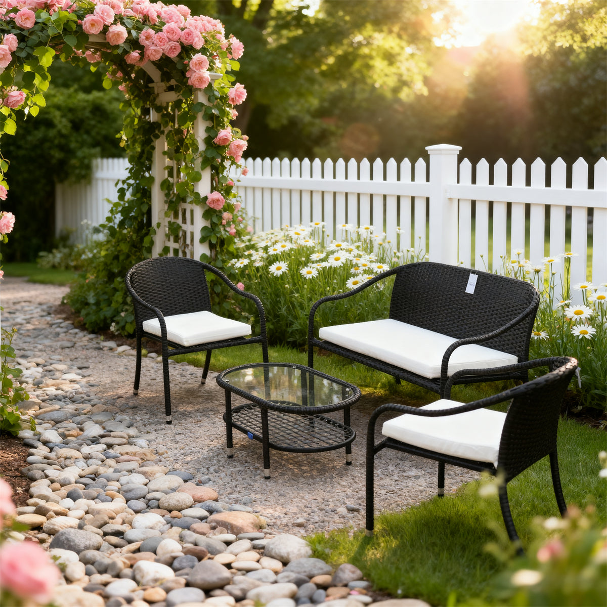 Dark Grey Wicker Outdoor Lounge Set with White & Blue Striped Cushions & Glass Coffee Table – Stylish Patio Furniture