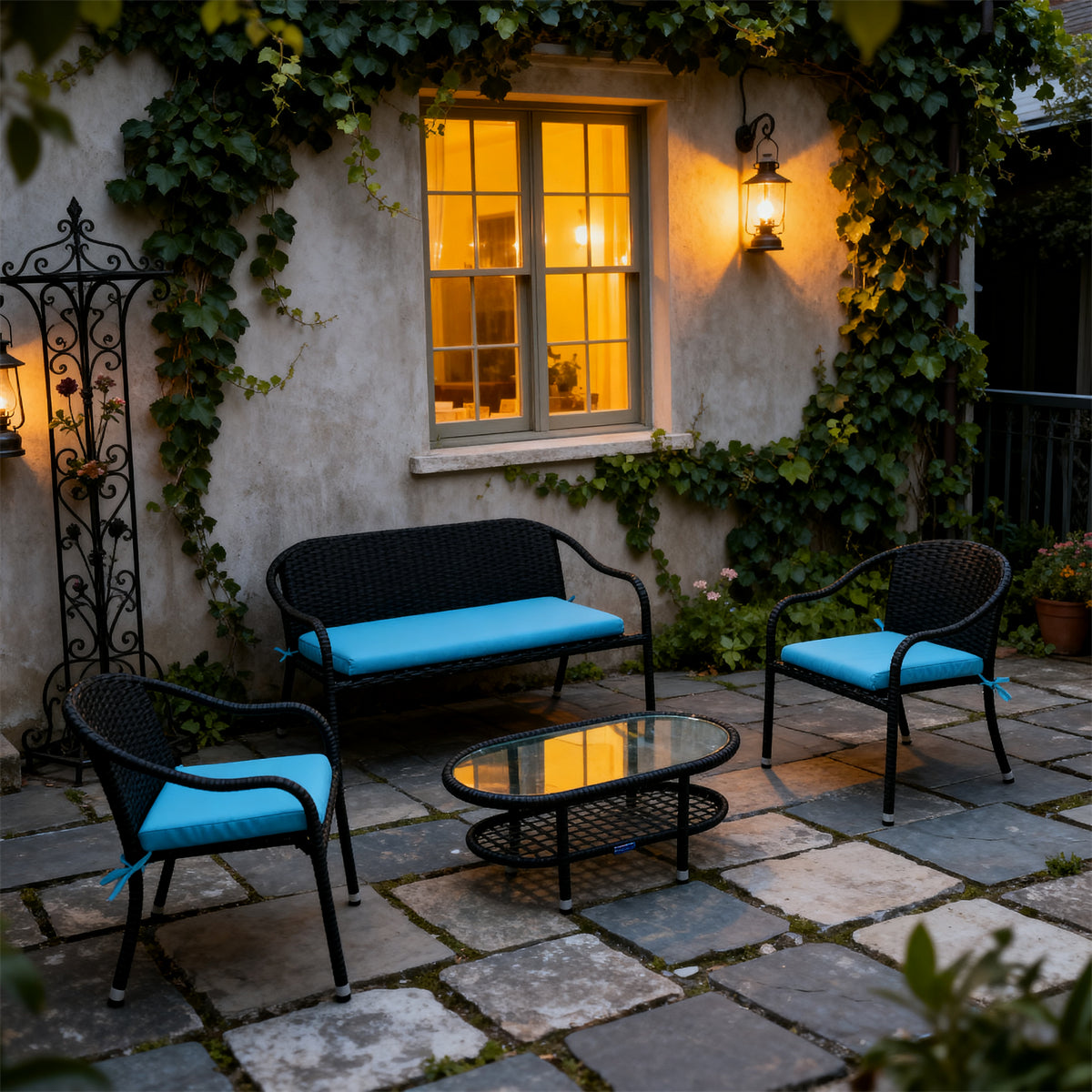 Dark Grey Wicker Outdoor Lounge Set with White & Blue Striped Cushions & Glass Coffee Table – Stylish Patio Furniture