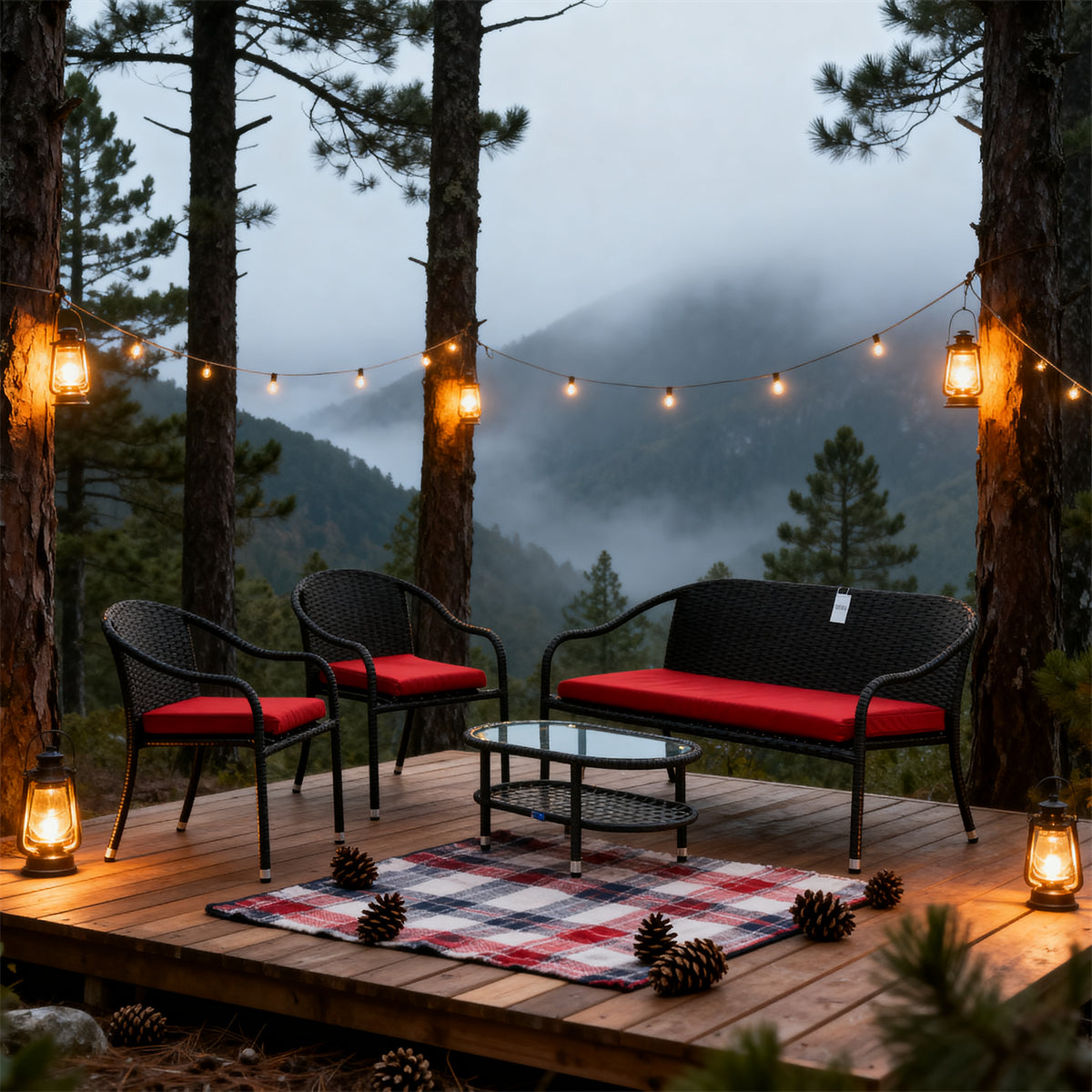 Dark Grey Wicker Outdoor Lounge Set with Red Cushions & Glass Coffee Table – Stylish Patio Furniture