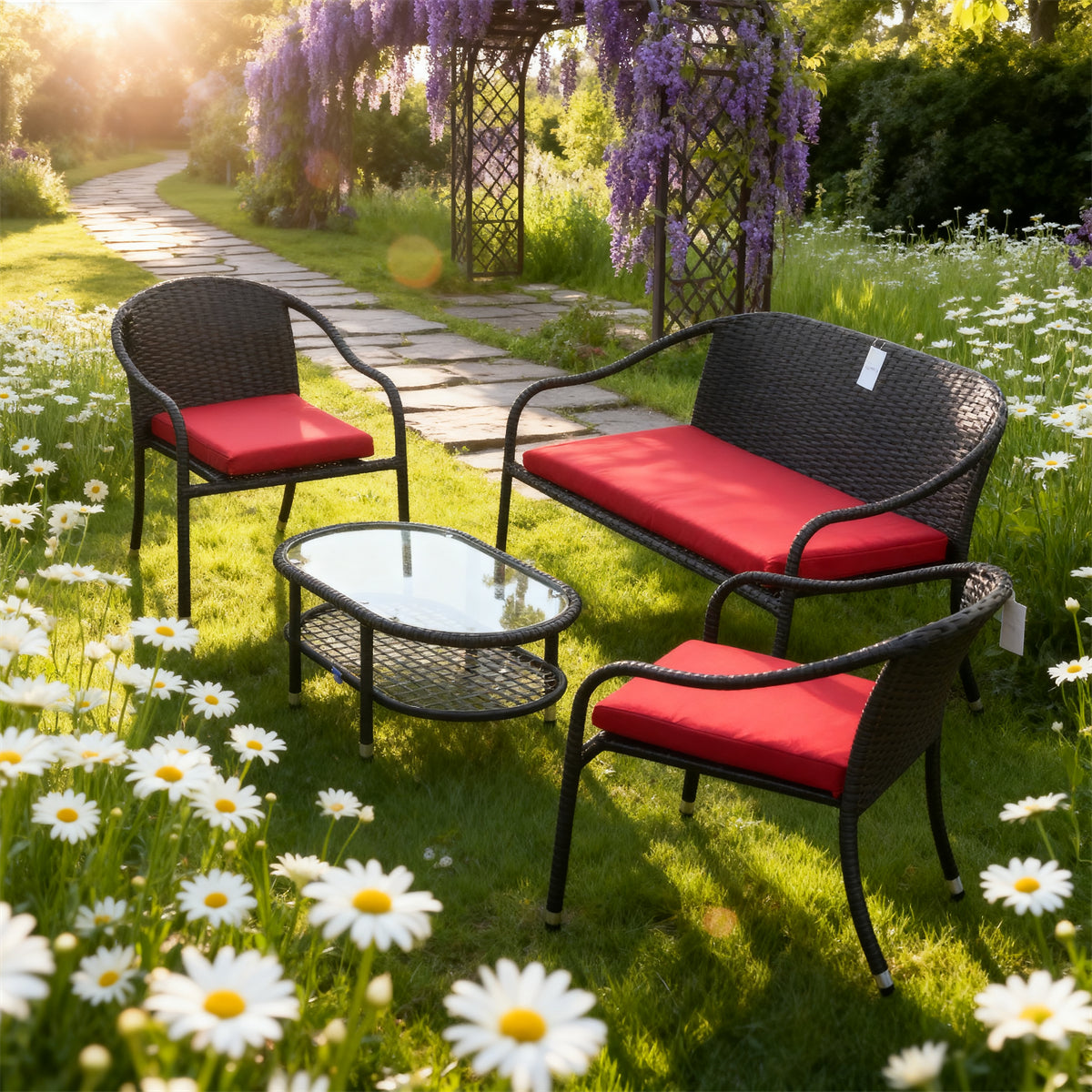 Dark Grey Wicker Outdoor Lounge Set with Red Cushions & Glass Coffee Table – Stylish Patio Furniture