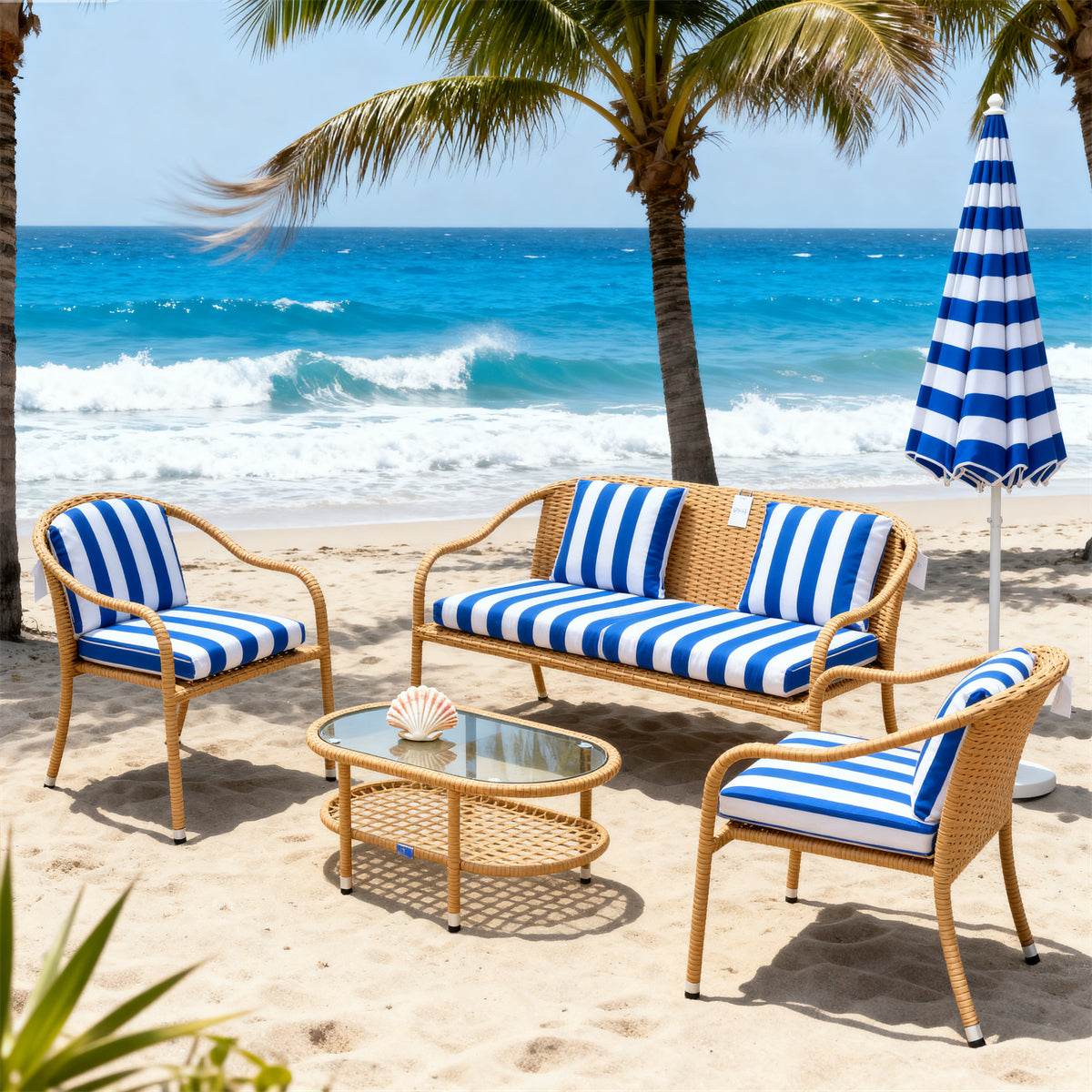 Dark Grey Wicker Outdoor Lounge Set with Red Cushions & Glass Coffee Table – Stylish Patio Furniture