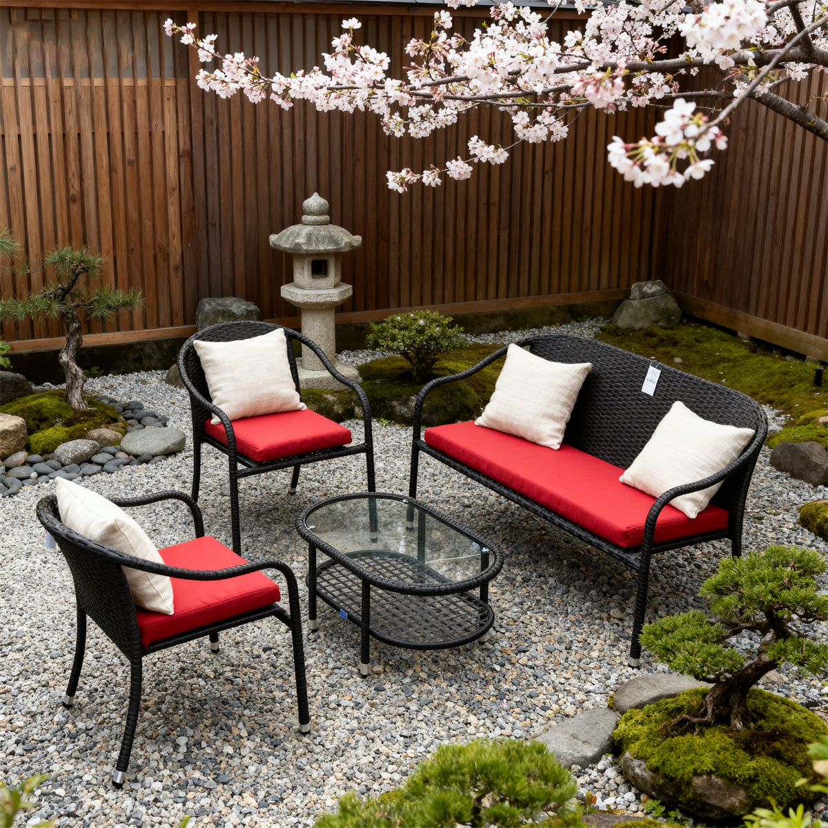 Dark Grey Wicker Outdoor Lounge Set with Red Cushions & Glass Coffee Table – Stylish Patio Furniture