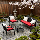 SFTZ258105 Dark Grey Wicker Outdoor Lounge Set with Red Cushions & Glass Coffee Table – Stylish Patio Furniture