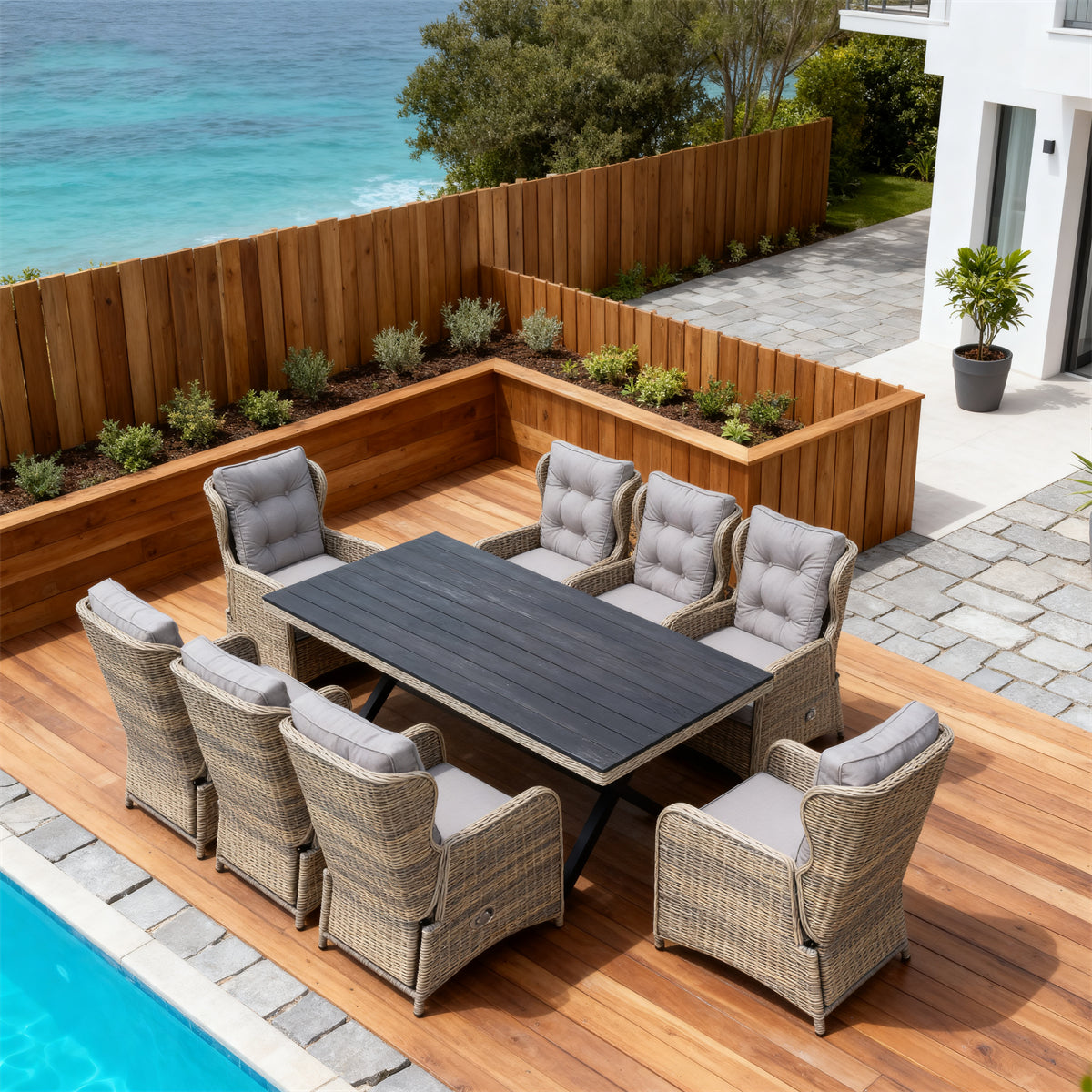 Mixed Brown Wicker Outdoor Dining Set with Light Grey Cushions & Dark Dining Table – Stylish Patio Furniture