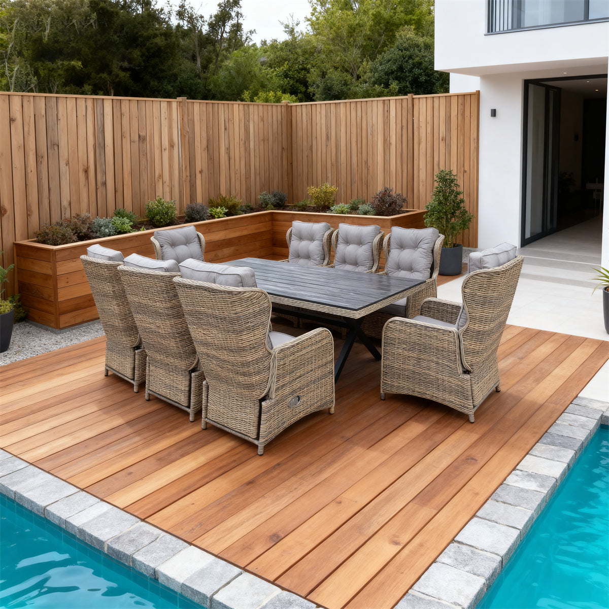 Mixed Brown Wicker Outdoor Dining Set with Light Grey Cushions & Dark Dining Table – Stylish Patio Furniture