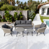 SFTZ2583 Mixed Grey Wicker Outdoor Lounge Set with Dark Grey Cushions & Wooden - Look Coffee Tables – Stylish Patio Furniture