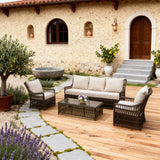SFTZ2585 Dark Brown Wicker Outdoor Lounge Set with Beige Cushions & Glass Coffee Table – Stylish Patio Furniture