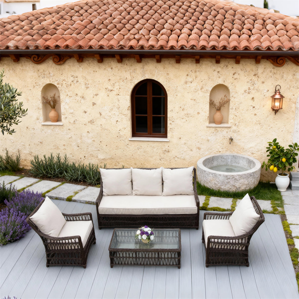 Dark Brown Wicker Outdoor Lounge Set with Beige Cushions & Glass Coffee Table – Stylish Patio Furniture