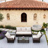 SFTZ2585 Dark Brown Wicker Outdoor Lounge Set with Beige Cushions & Glass Coffee Table – Stylish Patio Furniture