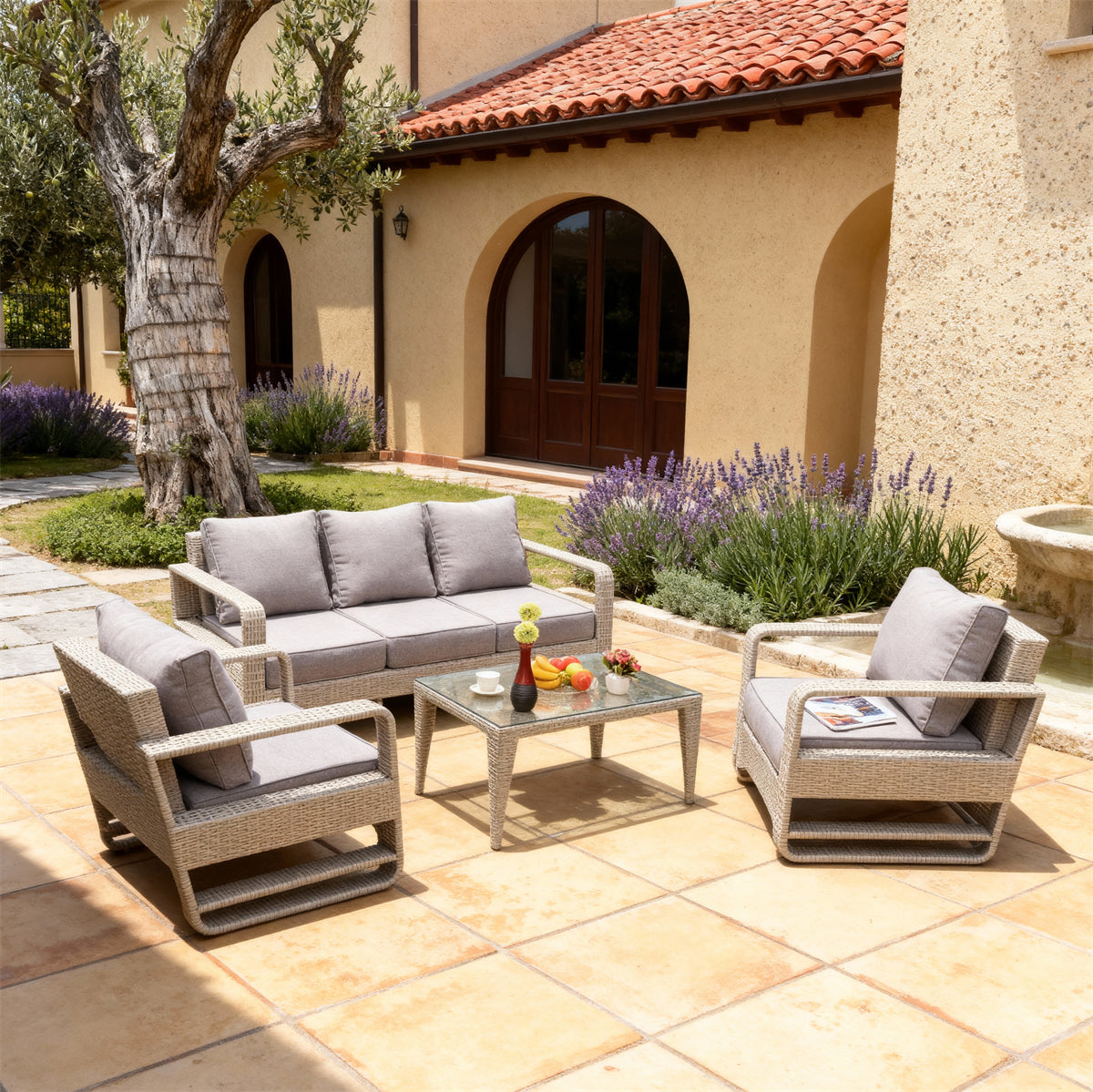 Light Grey Wicker Outdoor Lounge Set with Dark Grey Cushions & Glass Coffee Table – Stylish Patio Furniture