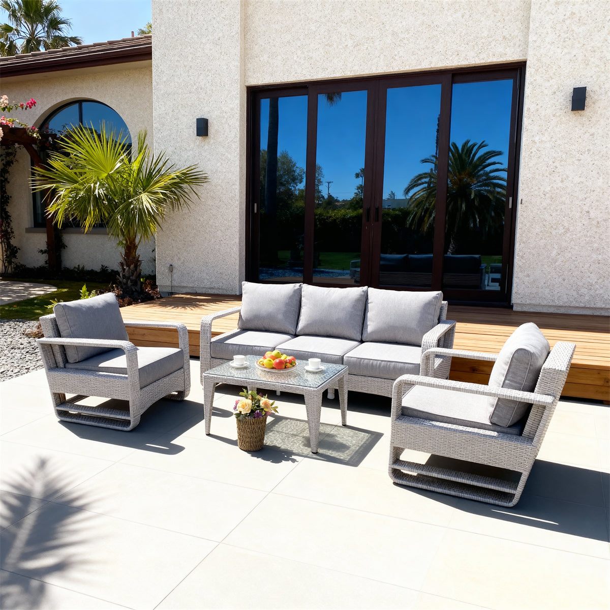 White Wicker Outdoor Lounge Set with Light Grey Cushions & Glass Coffee Table – Stylish Patio Furniture