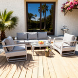 SFTZ258802 White Wicker Outdoor Lounge Set with Light Grey Cushions & Glass Coffee Table – Stylish Patio Furniture