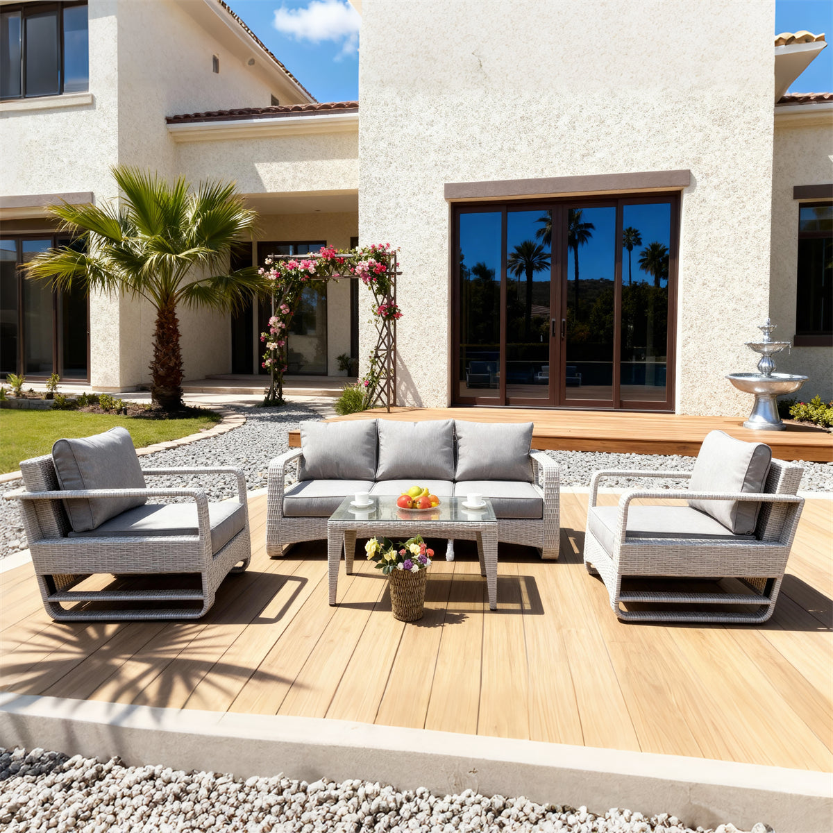 White Wicker Outdoor Lounge Set with Light Grey Cushions & Glass Coffee Table – Stylish Patio Furniture