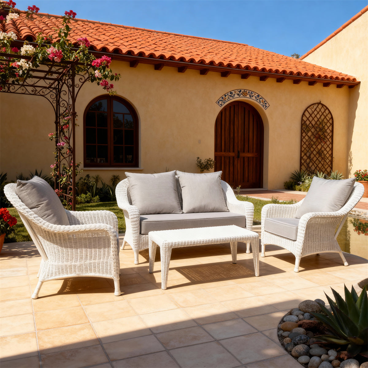 White Wicker Outdoor Lounge Set with Light Grey Cushions & White Wicker Coffee Table – Stylish Patio Furniture
