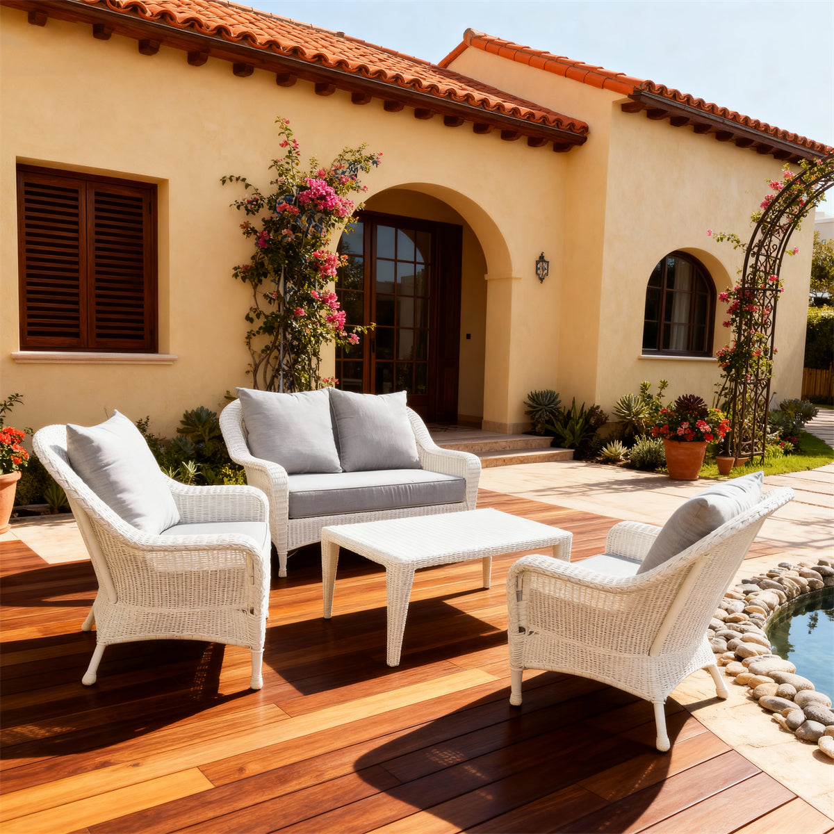 White Wicker Outdoor Lounge Set with Light Grey Cushions & White Wicker Coffee Table – Stylish Patio Furniture