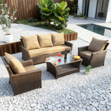 SFTZ259101 Dark Brown Wicker Outdoor Lounge Set with Tan Cushions & Glass Coffee Table – Stylish Patio Furniture