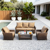 SFTZ259101 Dark Brown Wicker Outdoor Lounge Set with Tan Cushions & Glass Coffee Table – Stylish Patio Furniture