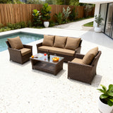 SFTZ259101 Dark Brown Wicker Outdoor Lounge Set with Tan Cushions & Glass Coffee Table – Stylish Patio Furniture