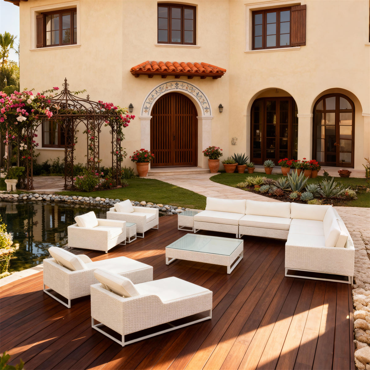 White Wicker Outdoor Lounge & Chaise Set with All - White Design & Glass Coffee Table – Luxury Patio Furniture