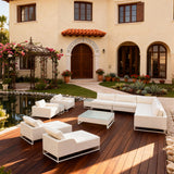 SFTZ259201 White Wicker Outdoor Lounge & Chaise Set with All - White Design & Glass Coffee Table – Luxury Patio Furniture