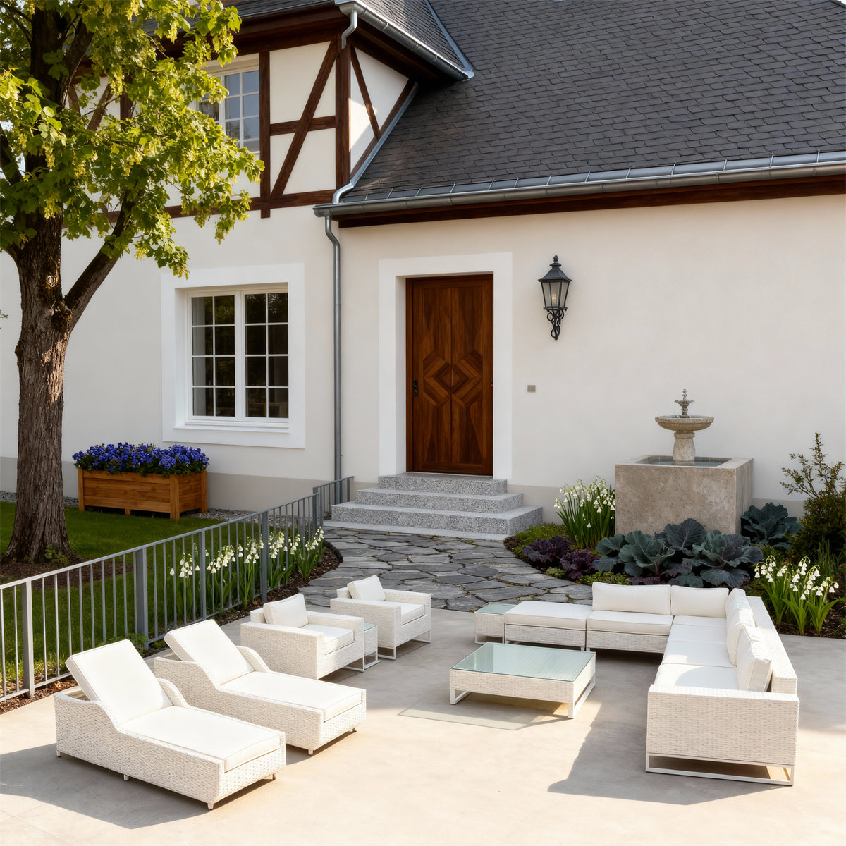 White Wicker Outdoor Lounge & Chaise Set with All - White Design & Glass Coffee Table – Luxury Patio Furniture