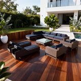 SFTZ259202 Dark Brown Wicker Modular Outdoor Lounge Set with Navy Cushions, Glass Coffee Table & Chaise Lounges – Luxury Patio Furniture