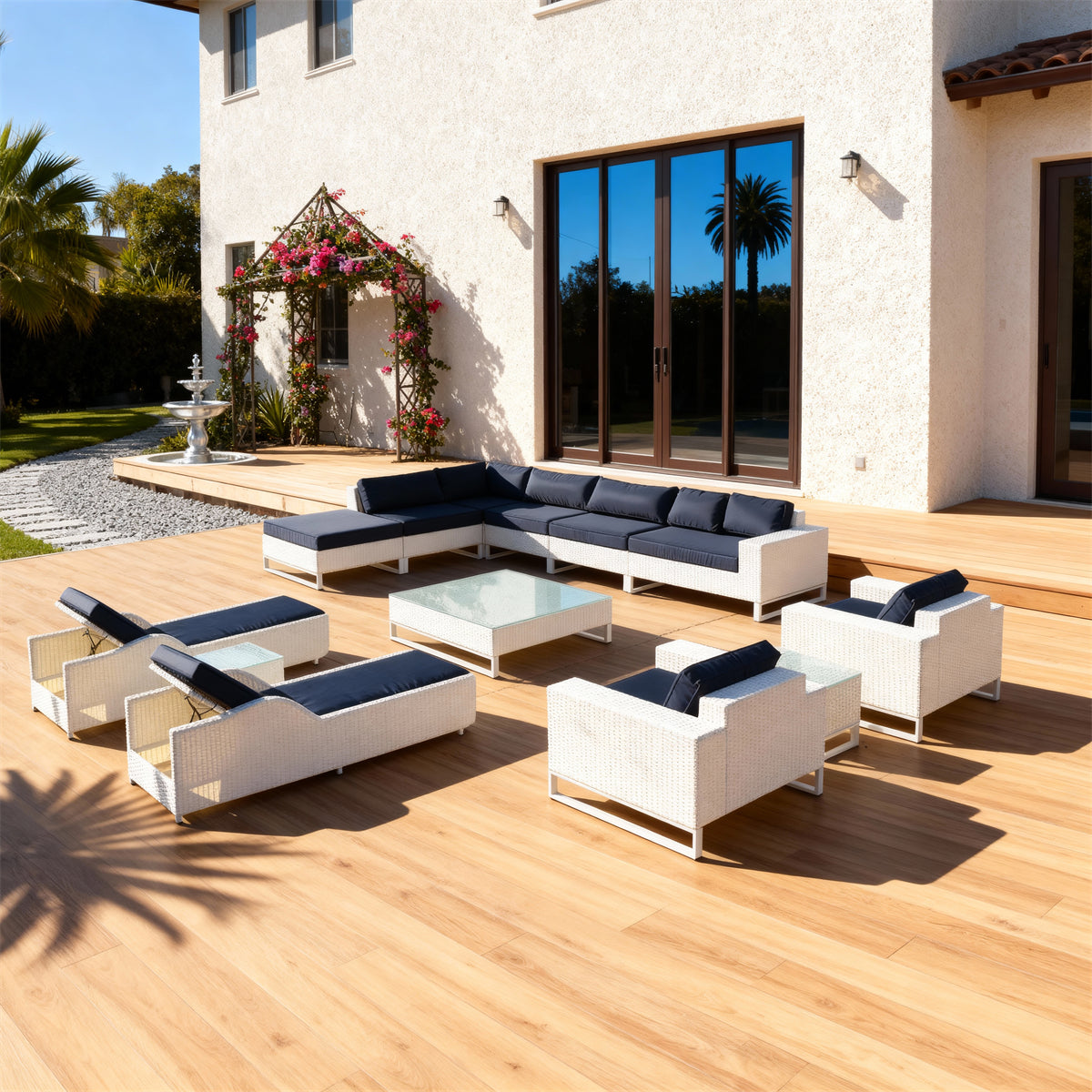 White Wicker Modular Outdoor Lounge Set with Navy Cushions, Glass Coffee Table & Reclining Chaise Lounges – Luxury Patio Furniture