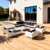 SFTZ259203 White Wicker Modular Outdoor Lounge Set with Navy Cushions, Glass Coffee Table & Reclining Chaise Lounges – Luxury Patio Furniture
