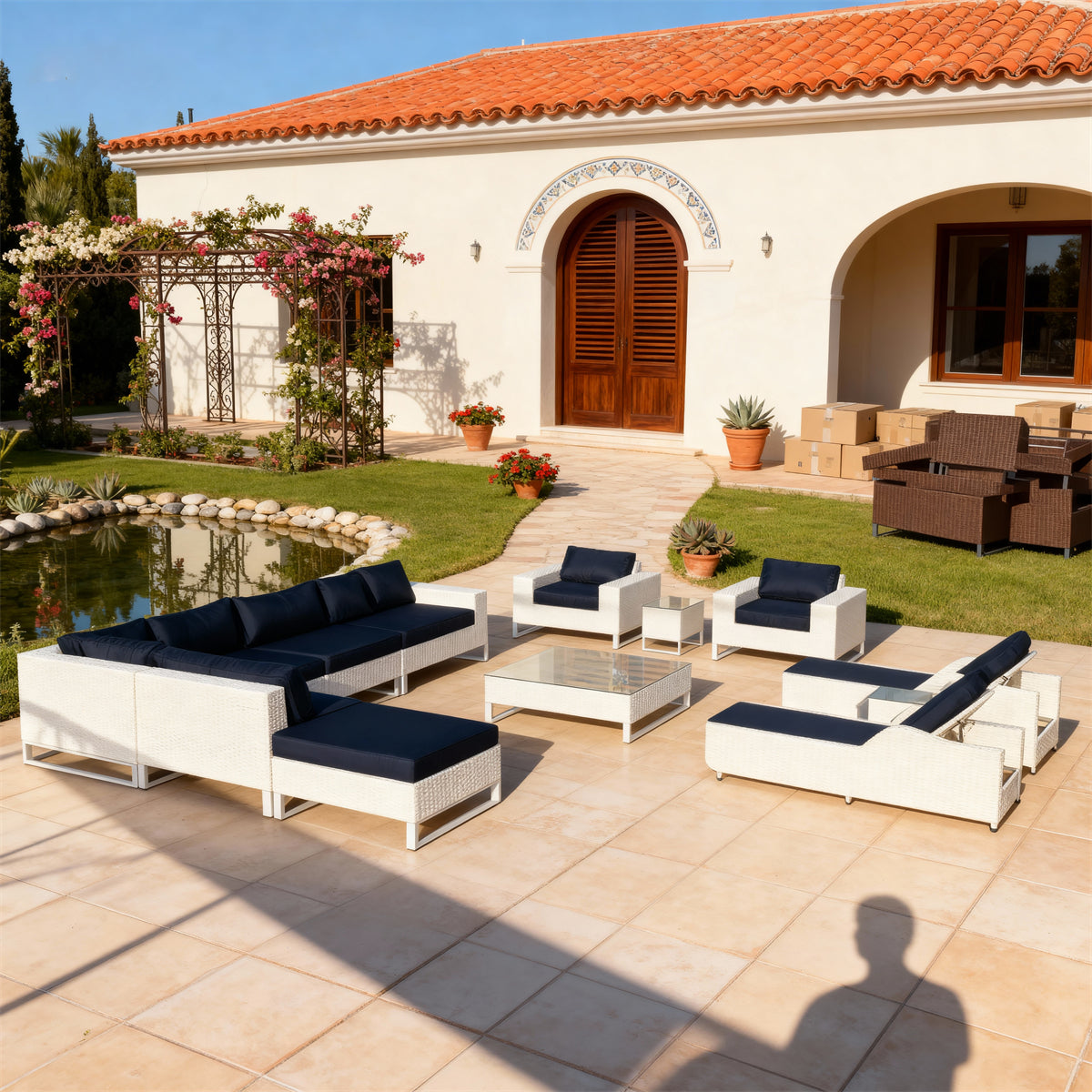 White Wicker Modular Outdoor Lounge Set with Navy Cushions, Glass Coffee Table & Reclining Chaise Lounges – Luxury Patio Furniture