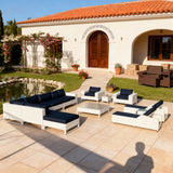 SFTZ259203 White Wicker Modular Outdoor Lounge Set with Navy Cushions, Glass Coffee Table & Reclining Chaise Lounges – Luxury Patio Furniture