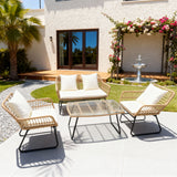 SFTZ2593 Natural Brown Wicker Outdoor Lounge Set with Cream Cushions & Glass Coffee Table – Stylish Patio Furniture