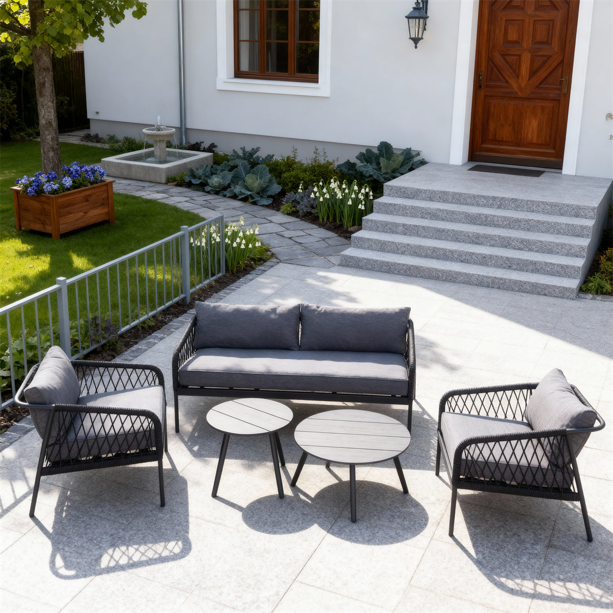 Dark Grey Woven Outdoor Lounge Set with Dark Grey Cushions & Round Side Tables – Stylish Patio Furniture