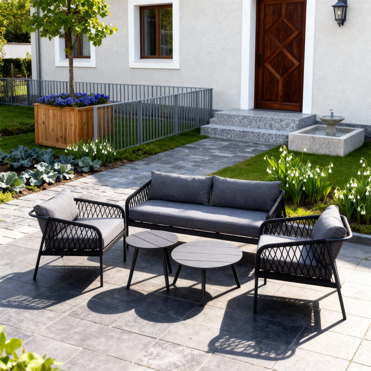 Dark Grey Woven Outdoor Lounge Set with Dark Grey Cushions & Round Side Tables – Stylish Patio Furniture