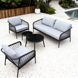 SFTZ259402 Dark Grey Woven Outdoor Lounge Set with Light Grey Cushions & Round Coffee Tables – Stylish Patio Furniture