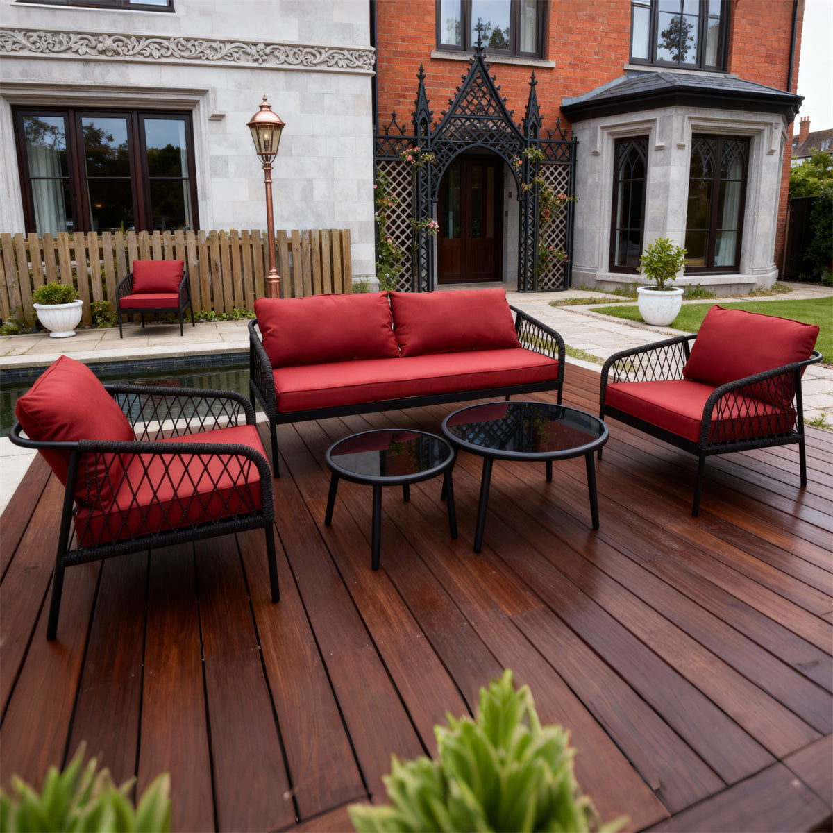 Dark Grey Woven Outdoor Lounge Set with Red Cushions & Nesting Glass Coffee Tables – Stylish Patio Furniture