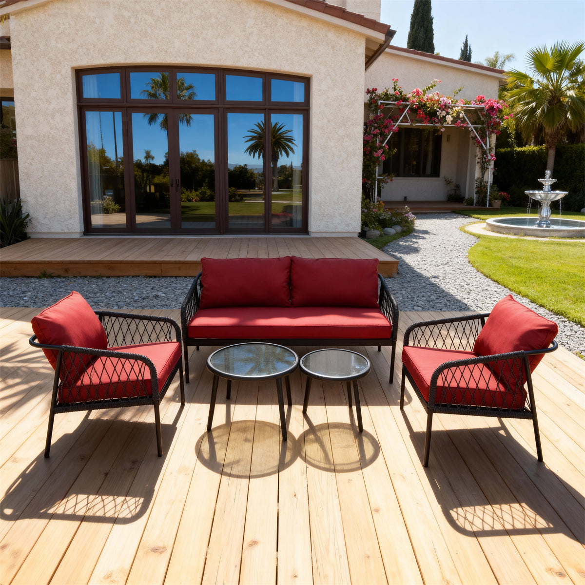 Dark Grey Woven Outdoor Lounge Set with Red Cushions & Nesting Glass Coffee Tables – Stylish Patio Furniture