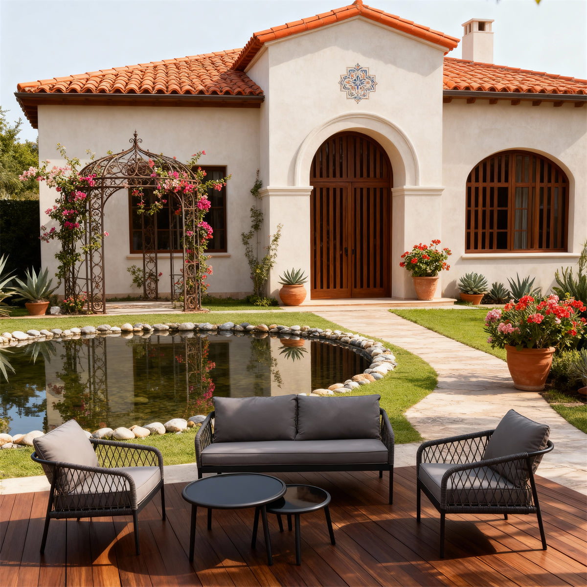 Dark Grey Woven Outdoor Lounge Set with Light Grey Cushions & Nesting Glass Coffee Tables – Stylish Patio Furniture