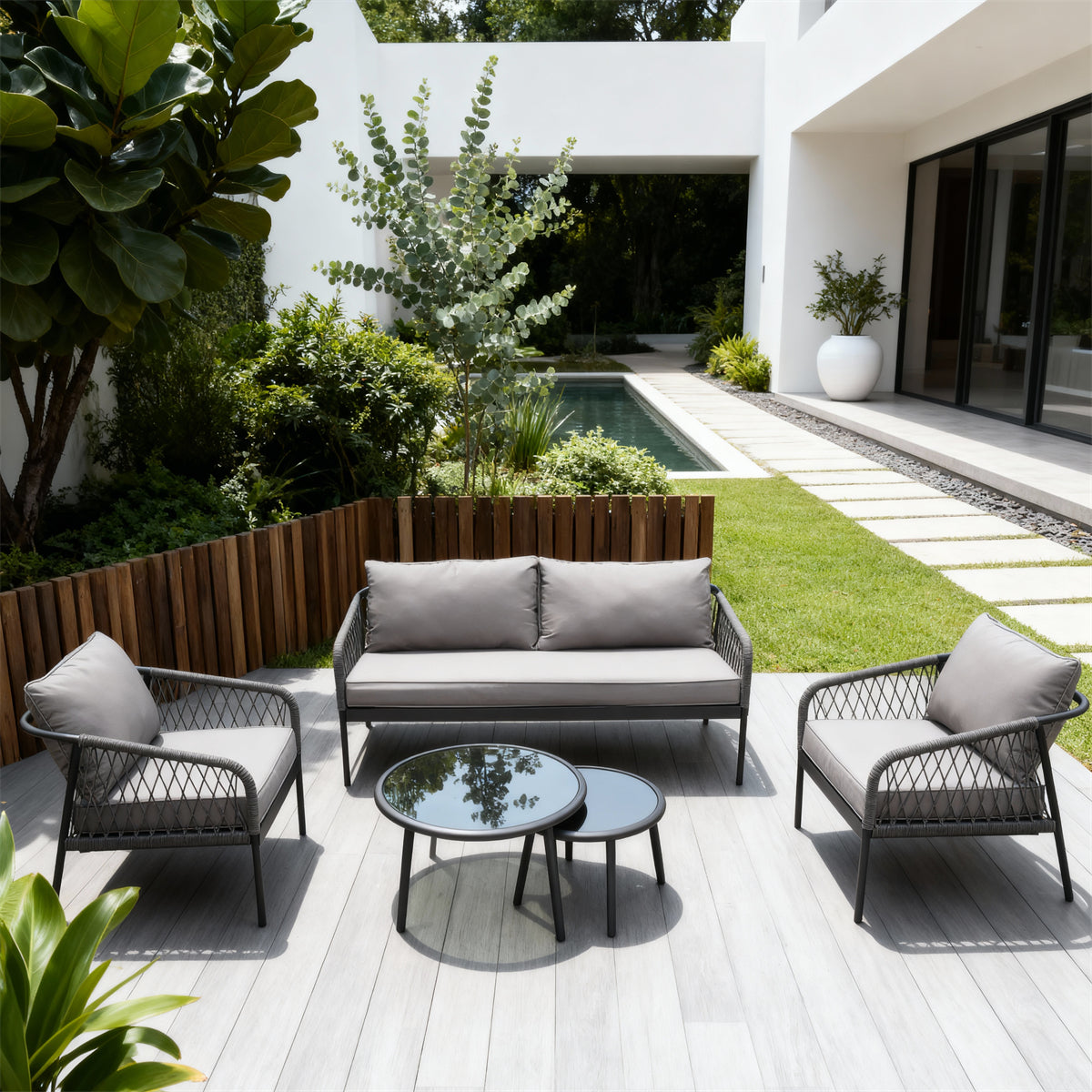 Dark Grey Woven Outdoor Lounge Set with Light Grey Cushions & Nesting Glass Coffee Tables – Stylish Patio Furniture