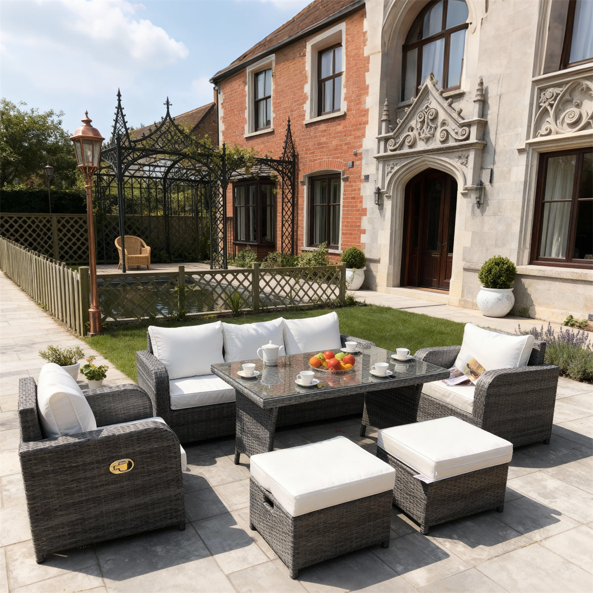 Dark Grey Wicker Outdoor Dining & Lounge Set with Cream Cushions, Glass Dining Table & Storage Ottomans – Stylish Patio Furniture