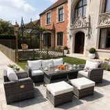 SFTZ2595 Dark Grey Wicker Outdoor Dining & Lounge Set with Cream Cushions, Glass Dining Table & Storage Ottomans – Stylish Patio Furniture