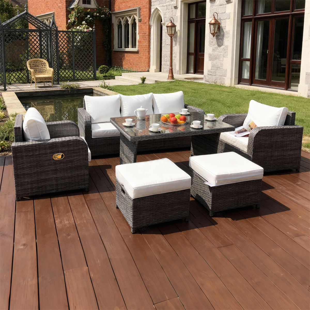 Dark Grey Wicker Outdoor Dining & Lounge Set with Cream Cushions, Glass Dining Table & Storage Ottomans – Stylish Patio Furniture
