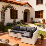 SFTZ2596 White Wicker Modular L - Shaped Outdoor Set with Dark Grey Cushions & Folding Side Table – Luxury Patio Furniture