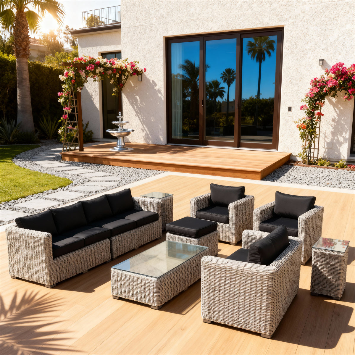 Light Grey Wicker Outdoor Lounge Set with Black Cushions & Glass Coffee Table – Stylish Patio Furniture